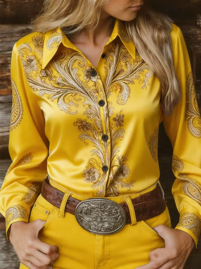 New Ming Golden Thread Curled Grass Paisley Western Style Long Sleeve Shirt Retro Women's Cowboy Style Casual Shirt