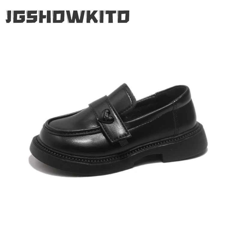 

Детские кожаные туфли JGSHOWKITO для мальчиков и девочек, с пуговицами в форме сердца, нескользящие, черные, для вечеринок и свадеб, классические слипоны
