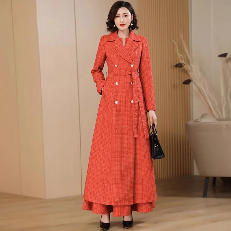 

Новое женское яркое шелковое длинное пальто, осенний модный костюм с воротником, двубортный Тренч с тонкой талией, элегантная женская верхняя одежда