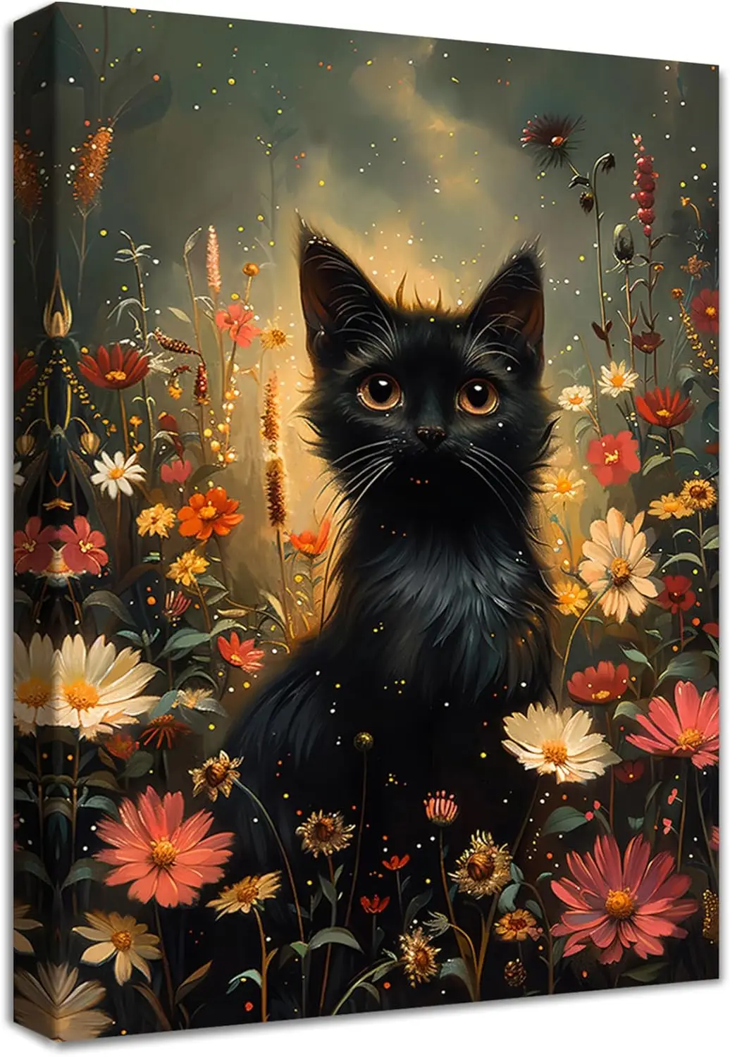 Zwarte kat in bloemen canvas schilderij decoratief stijlvol 40x60 cm-wanddecoratie, kattenkunst, woonkamerposter, slaapkamerdecoratie, botanisch schilderij, kattencadeau, canvas print