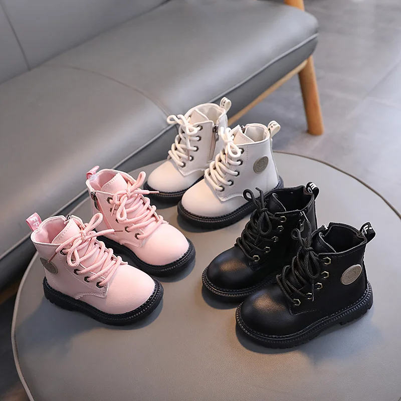 New Kids Autumn Winter Non-Slip Soft Leather Zipper Short Boots Girl Boy Lace-Up Warm Boots Baby High-Top Children Casual Shoes