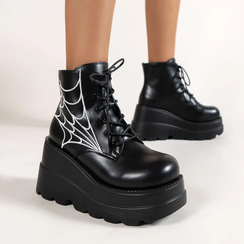 New Autumn and Winter Sale Punk Halloween Witch Platform High Wedge Heels Black Gothic Calfskin Boots Women's Shoes Plus Size 43