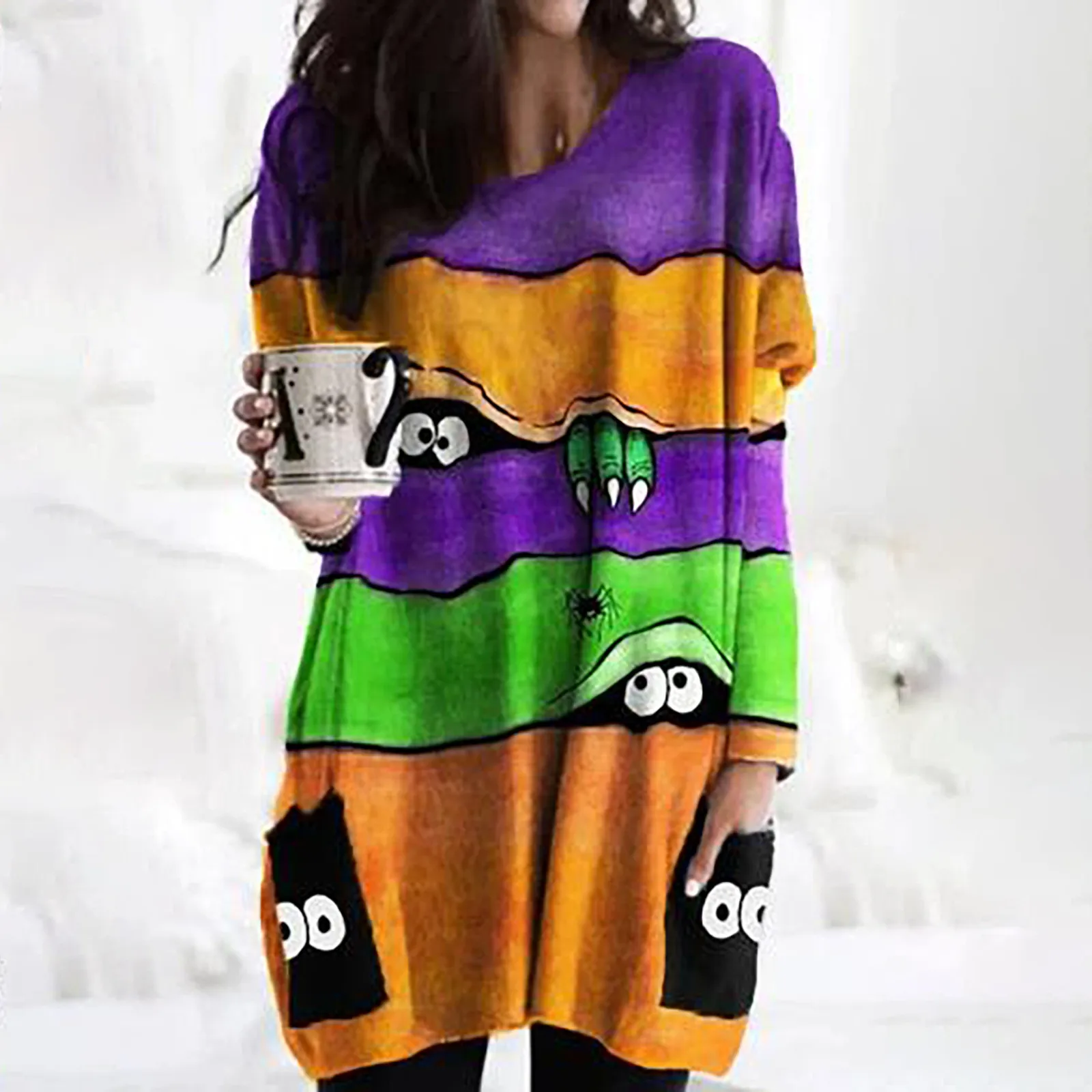 Long Women's Sweatshirt Halloween Peeping Eyes Color Block Pocket Long Sleeve Casual Pollover Women Fashion Autumn Sweatshirts