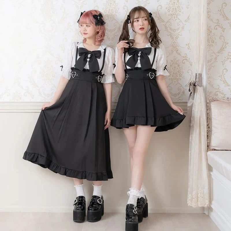 

Y2K Lolita High Waist Pleated Skirt Women Chic Love Buckle Ruffle Short Skirt Korean Fashion Dark Gothic A Line Long Strap Skirt