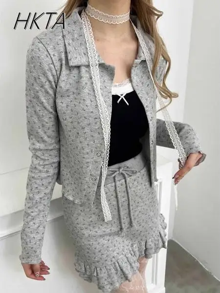 

Japanese Sweet Polo Collar Long Sleeved Sweatshirts Coat Wooden Ear Edge Gray Short Skirt Spring Print Hoodie Two Pieces Sets