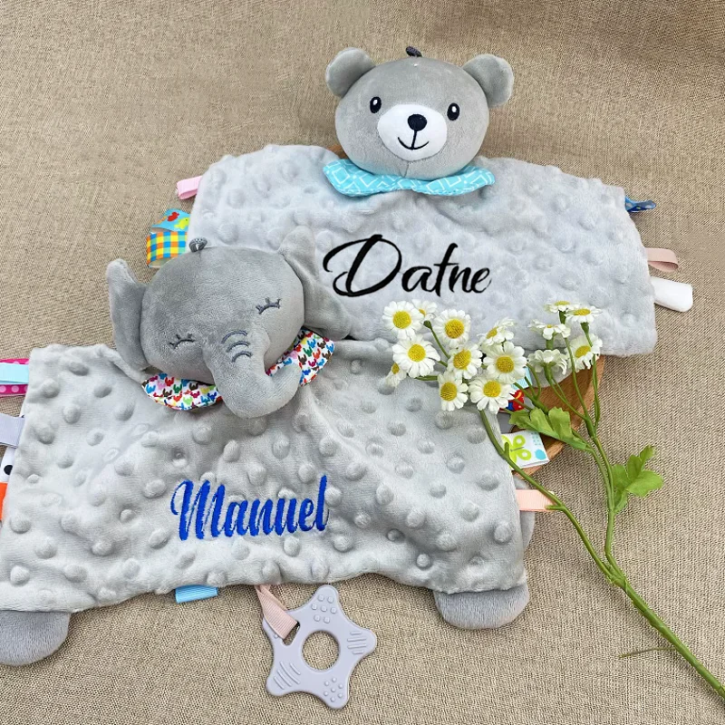 

Personalised Baby Security Blanket with Silicone Teether Organic Cotton Comforter Newborn Shower Gifts
