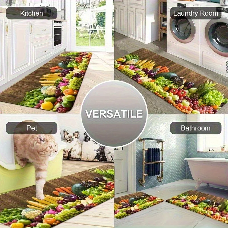 

1PC Fruit & Vegetable Medley Kitchen Rug Non-Slip Door Mat Pop design Bathroom Rug Bath Mat Carpet for Home Sink Laundry Decor