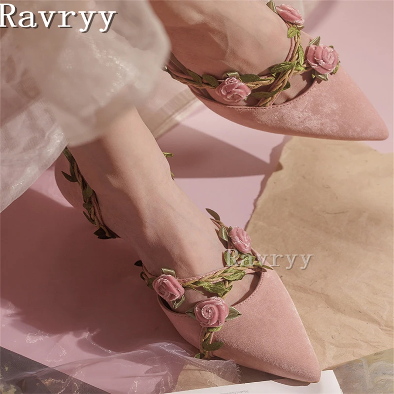 Pink Flower Vine Pointed Toe Pumps Women Shallow Middle Heel Fairy Style Female Shoes Sweet Summer New Design Sandals