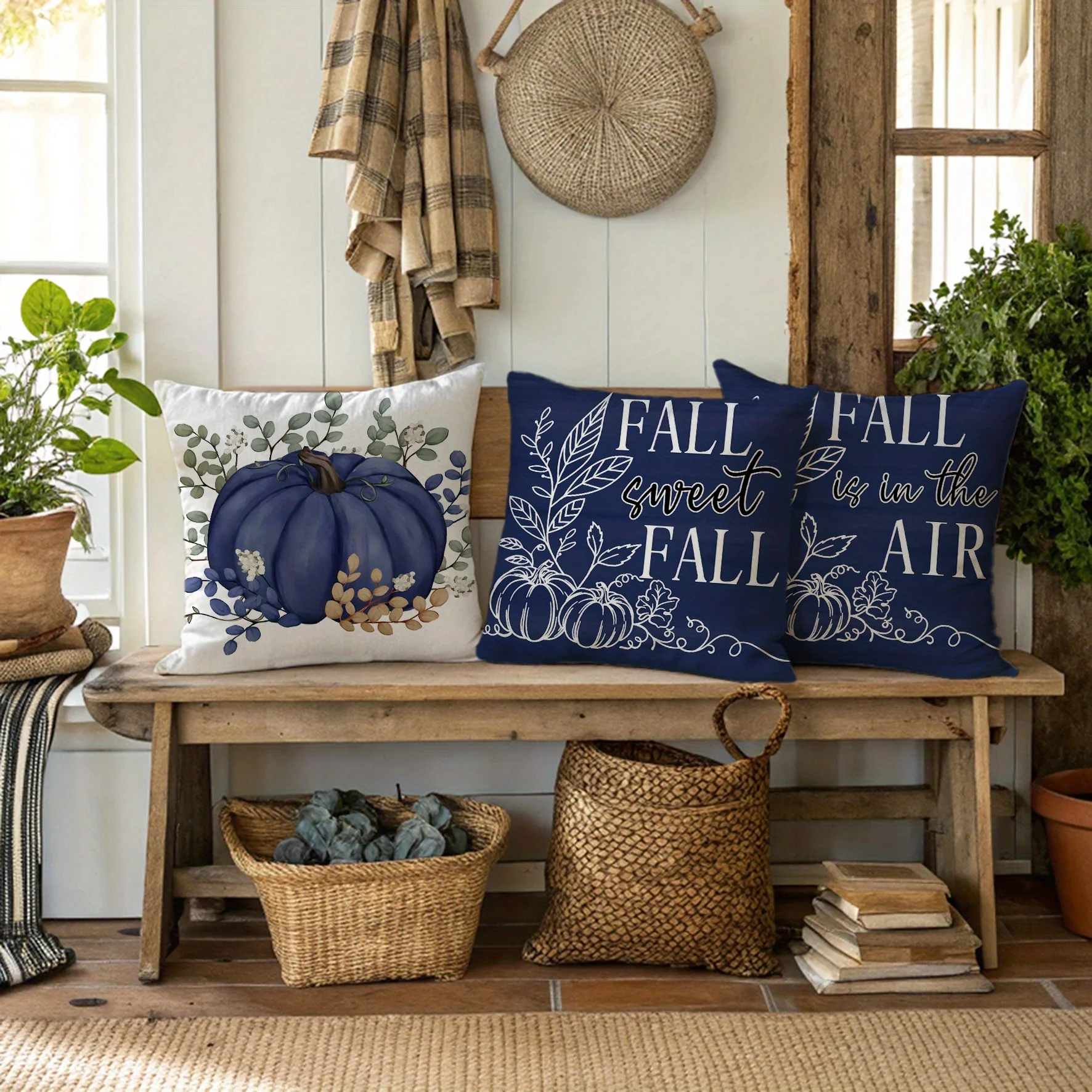4pcs Rustic Fall Pumpkins Printed Throw Pillow Covers, 18in*18in, Polka Dots Truck Inviting Home Decor Cushion Covers, Invisible
