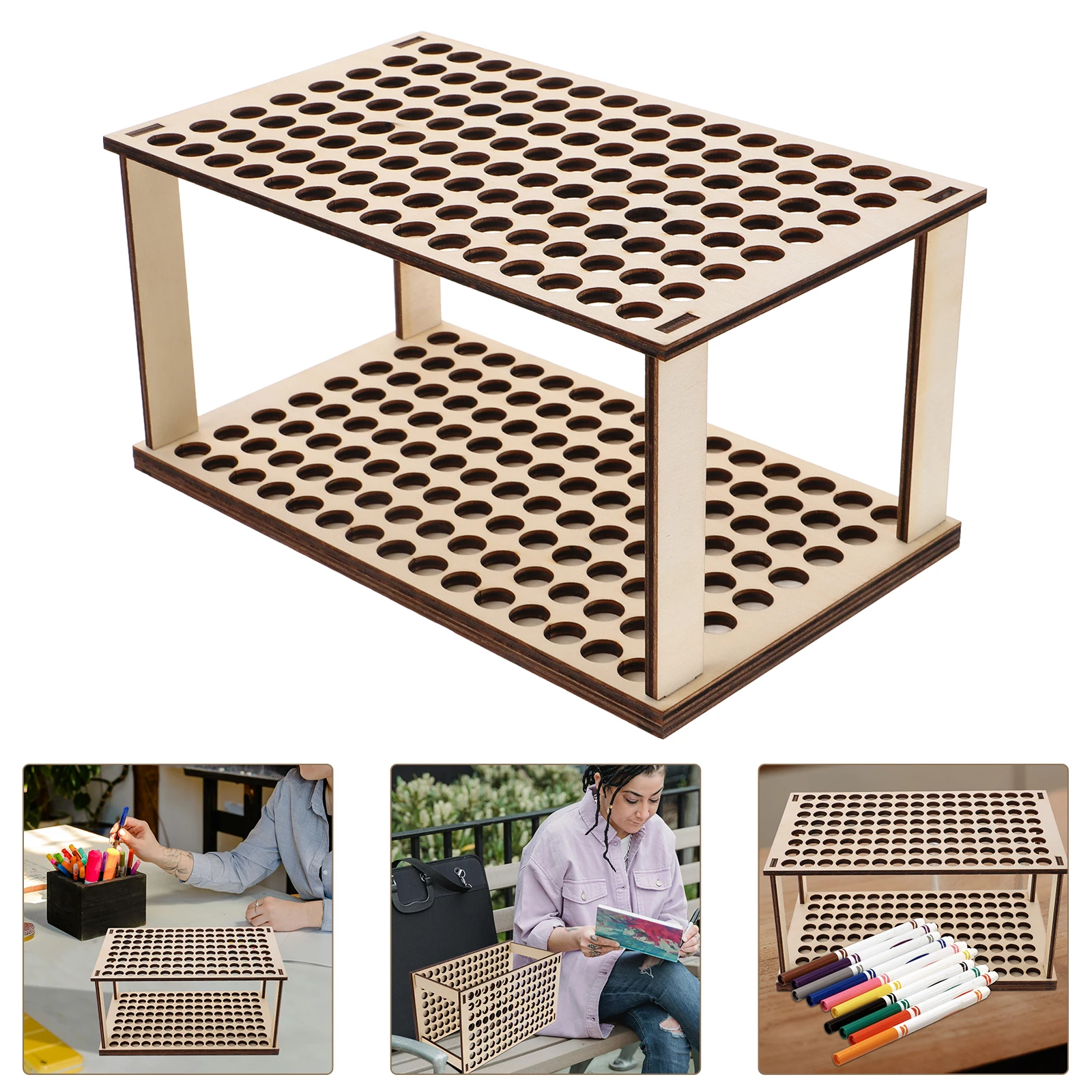

Wooden Brush Rack Durable Brush Holder Test Tube Stand Marker Storage Organizer for Paint Brushes Colored Pencils Art Supplies