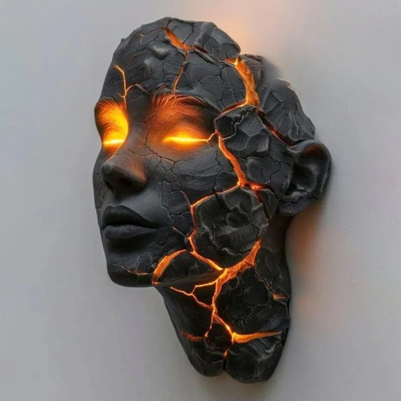 Decorative Cracked Soul Wall Light, Black Lava Design LED Wall Lamp with Glowing Orange Cracks, Modern Gothic Home Decor