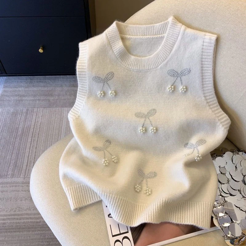 

Короткий вязаный жилет, женский свободный весенний новый корейский повседневный универсальный жилет с бисером, свитер, женский трикотаж без рукавов, жилет, топы