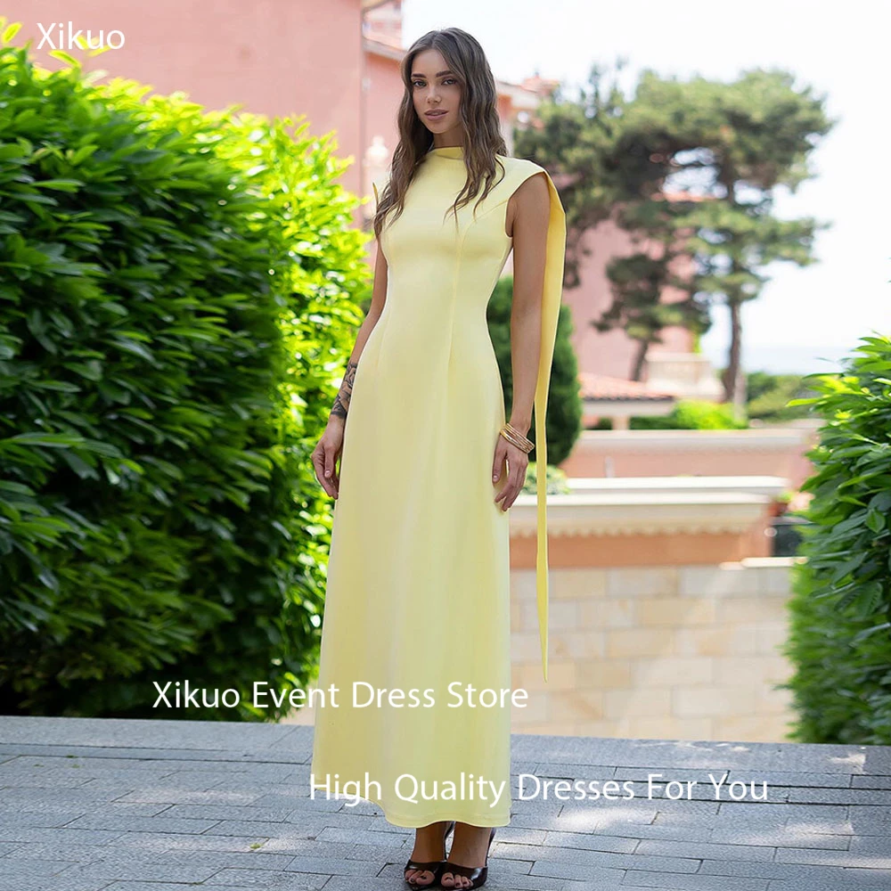 

Xikuo Graceful Satin Evening Gowns A Ling High Neck Pleated Robe Cocktail Femmes Backless Cocktail Party Prom Dresses Customized