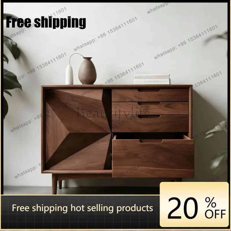 YJ 2026 New Chinese Minimalist Black Walnut Solid Wood Geometric Sideboard Custom Entryway Storage Cabinet