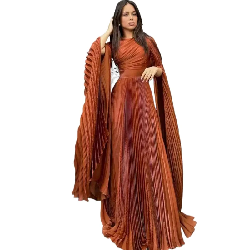 

Summer new European and American Muslim solid color waist cinching socialite style elegant long evening gown for women