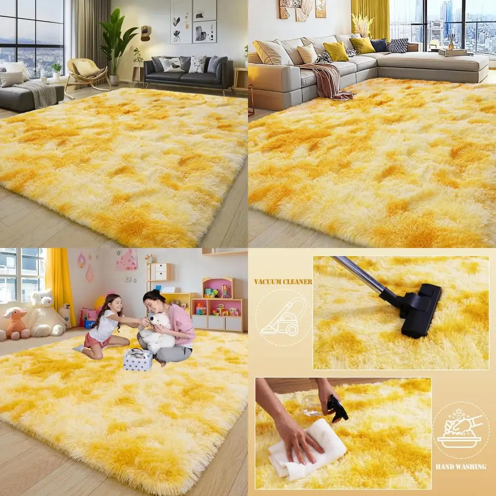 

"Spacious 8x10 Living Room Rugs, Vibrant Tie-Dyed Yellow Shag for Bedrooms, Anti-Slip Plush Carpets, Contemporary Fluffy Floor C