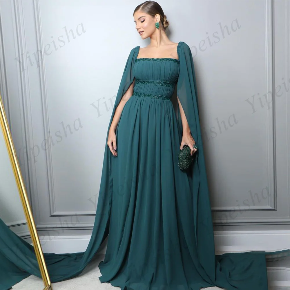 

Hot Sale Evening Dress wtih Chiffon Cape Square Neck Beading Pleat A Line Party Dresses Saudi Arabic Prom Gown Robe Soiree