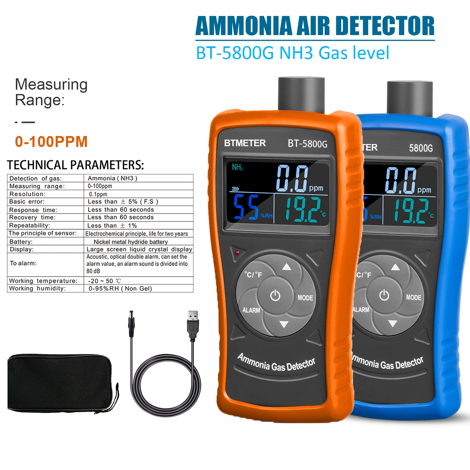 Ammonia Air Detector 5800G Monitor NH3 Gas Level w/Alert , 0-100ppm Particle Meter with USB Recharge Battery For Industry Farms 