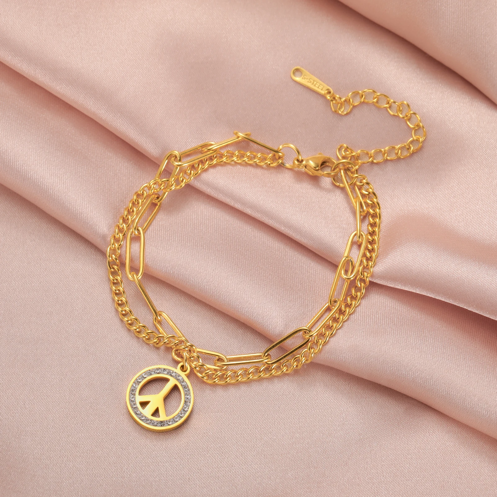 COOLTIME Edelstahl Frieden Symbol Halskette für Frauen Mode Runde Zirkon Kette Anhänger Amulett Schmuck Geschenk Großhandel – Detail 1