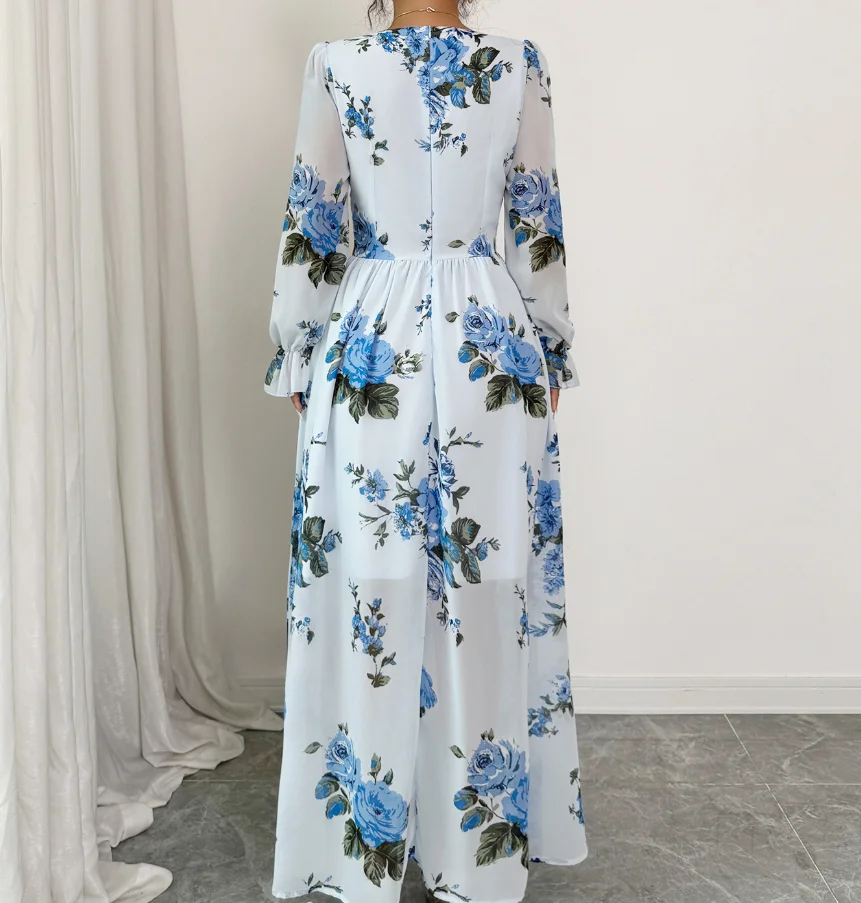 Vestido feminino francês com decote em u, manga comprida, estampa floral simples com borda fungo, vestido de manga comprida sexy, vestido feminino de camada dupla