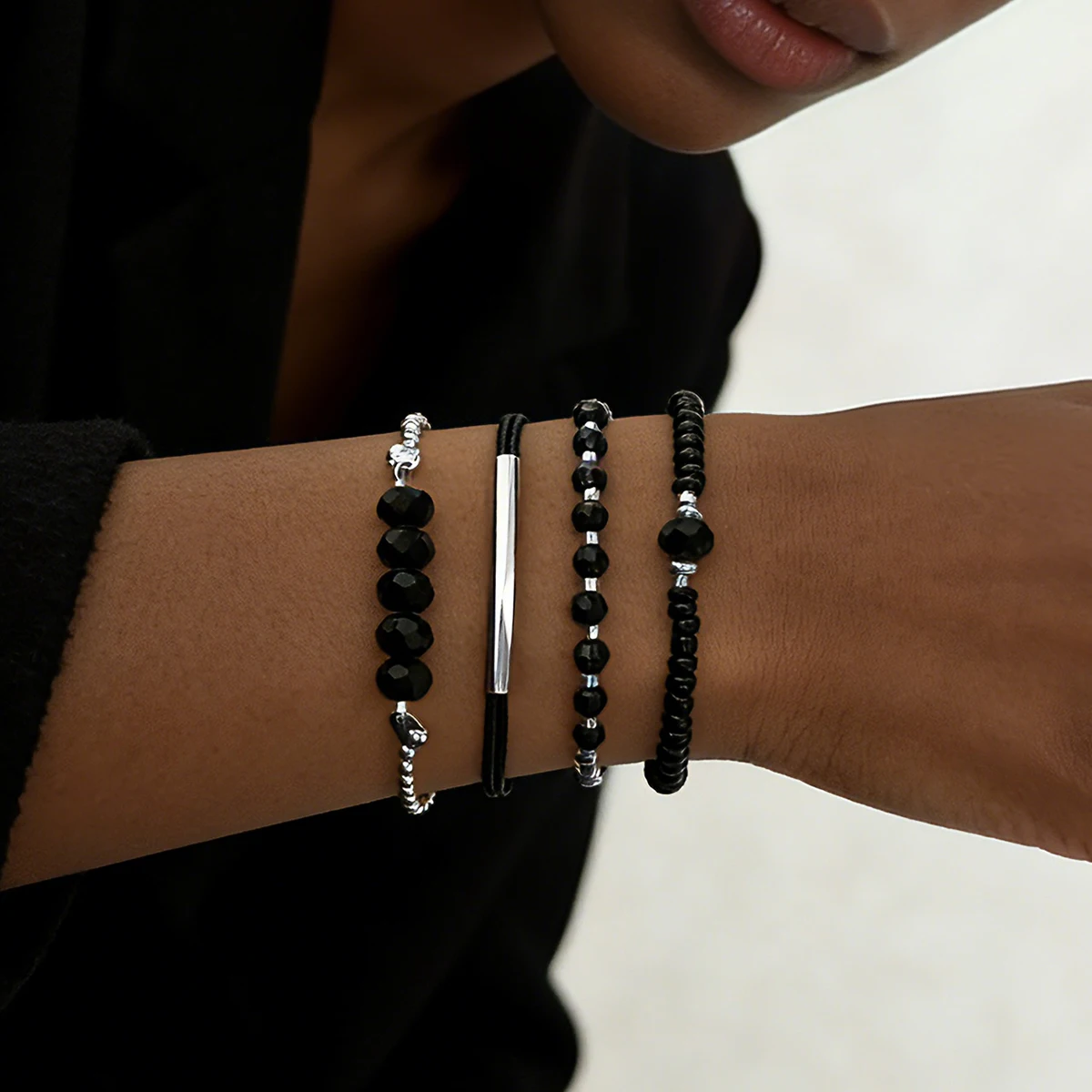 4Pcs/Set Fashion Black Glass Stone Bracelets For Women Boho Handmade Jewelry Accessories