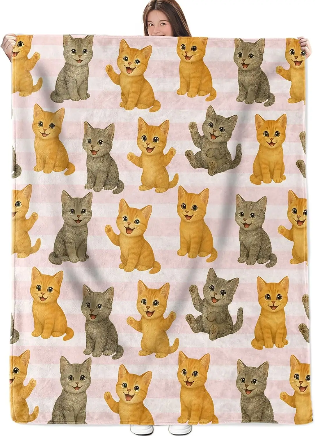 Adorable Watercolor Kitty Multiple Poses Pink Stripe Print Flannel Throw Blanket Soft Warm Cover for Infant Girl Couch Bedroom