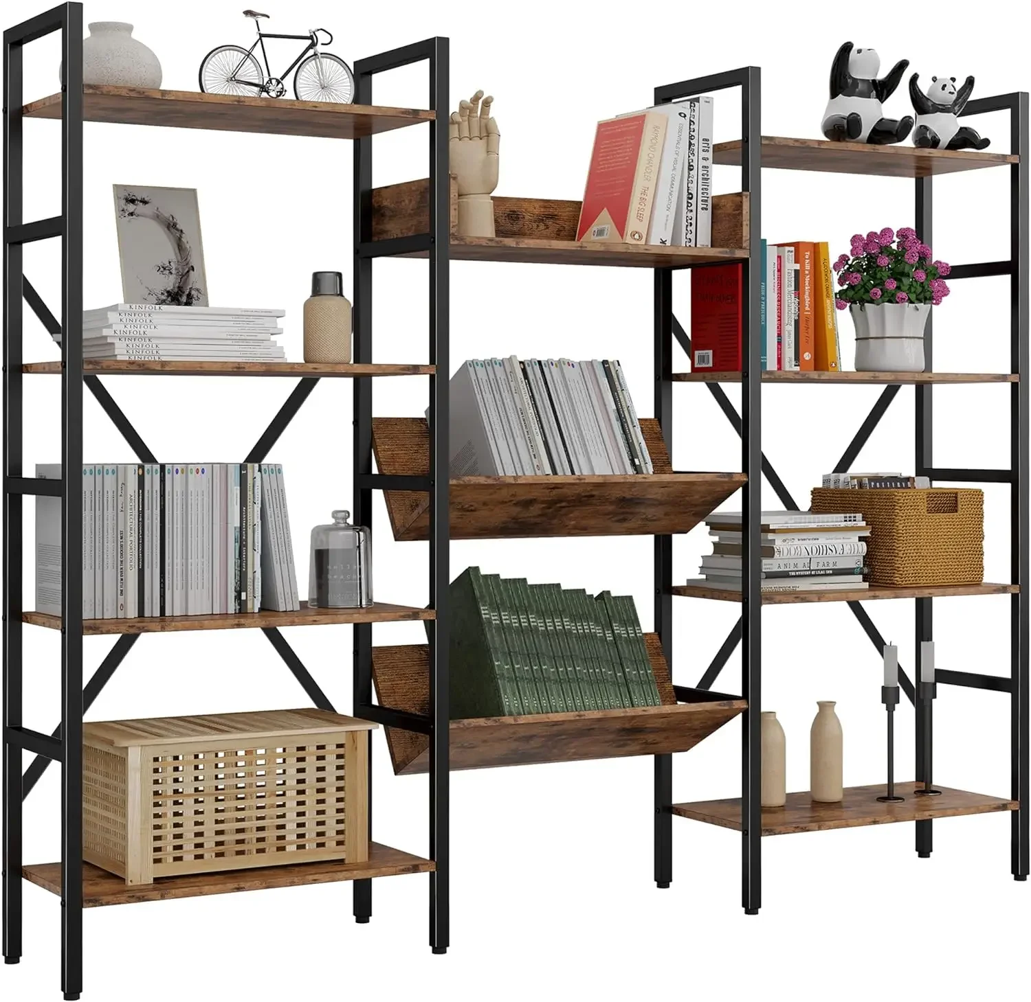 

Bookcases Triple Wide 4 Tiers Industrial Bookshelves , Large Etagere Bookshelf Open Record Player Shelves