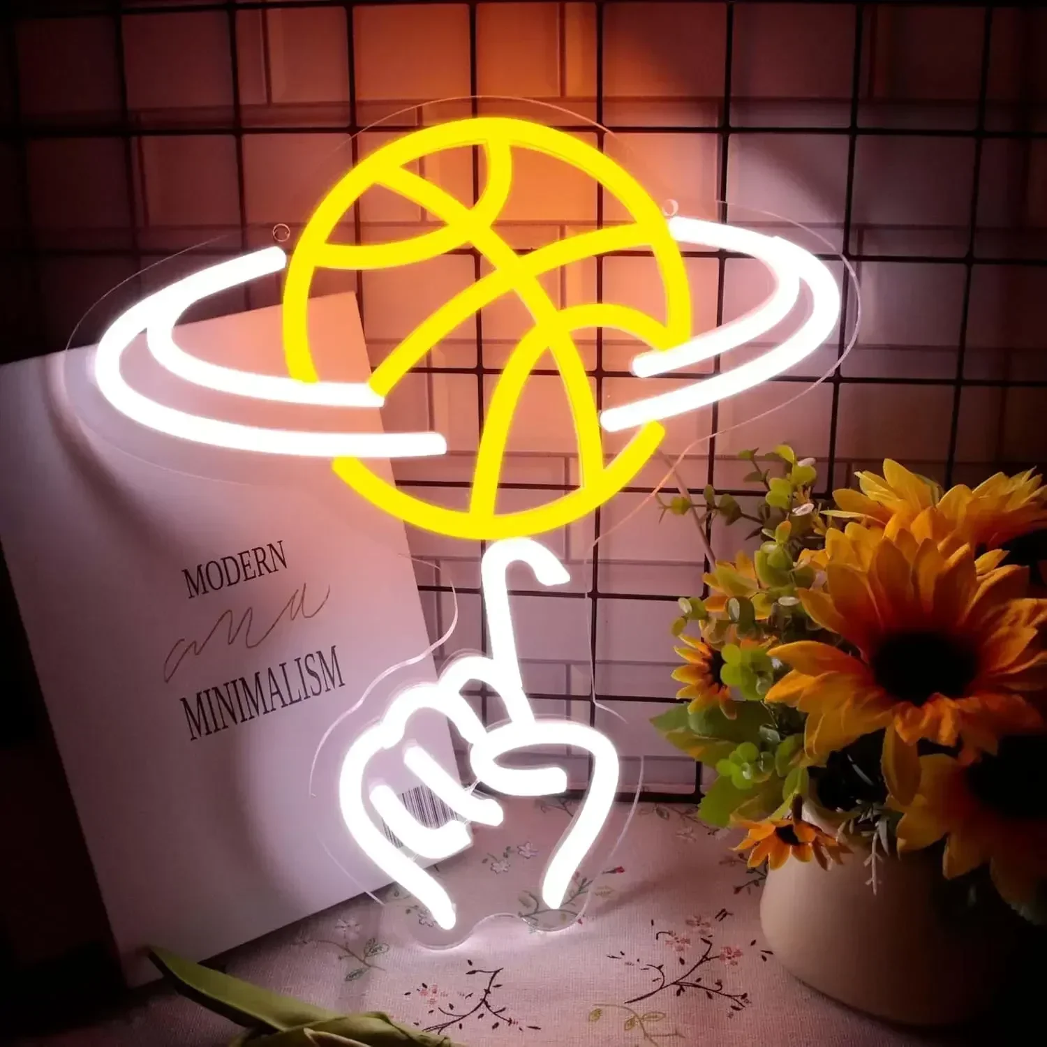 Finger Spin Basketball Neon Sign LED Wall Art USB Powered Yellow White Sport Theme Decor Bedroom Game Room Party Aesthetic Light
