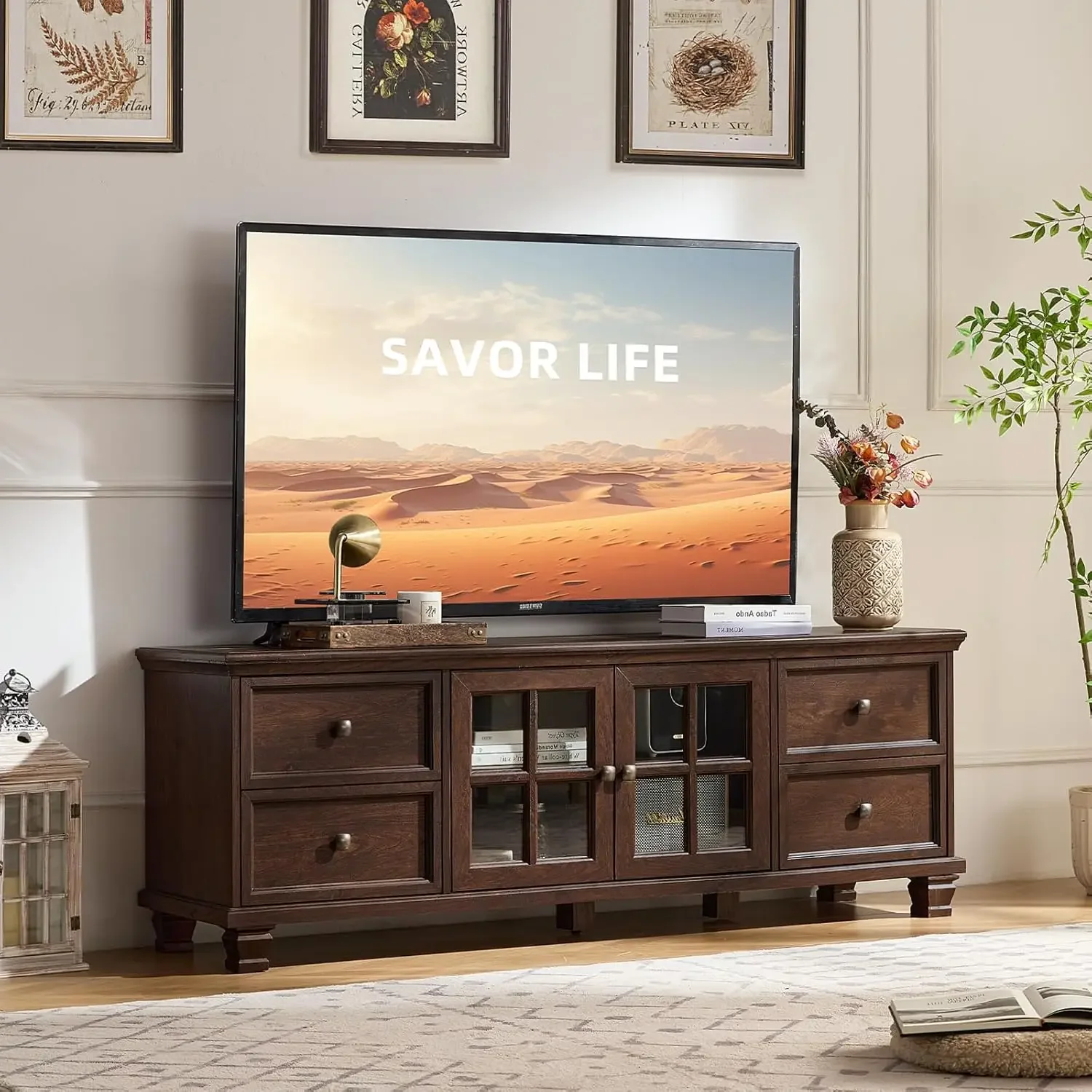 Farmhouse Tv Console For Living Room Walnut Wood Entertainment Center With Four Drawers Storage For 65 Inch Tv