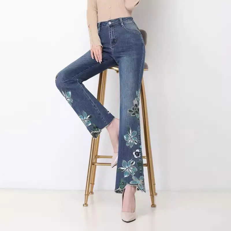 

2023 Early Autumn New Crop Pants Embroidered Jeans Female Embroidered High Waist Slim Ethnic Style Elastic Micro Flare Pants