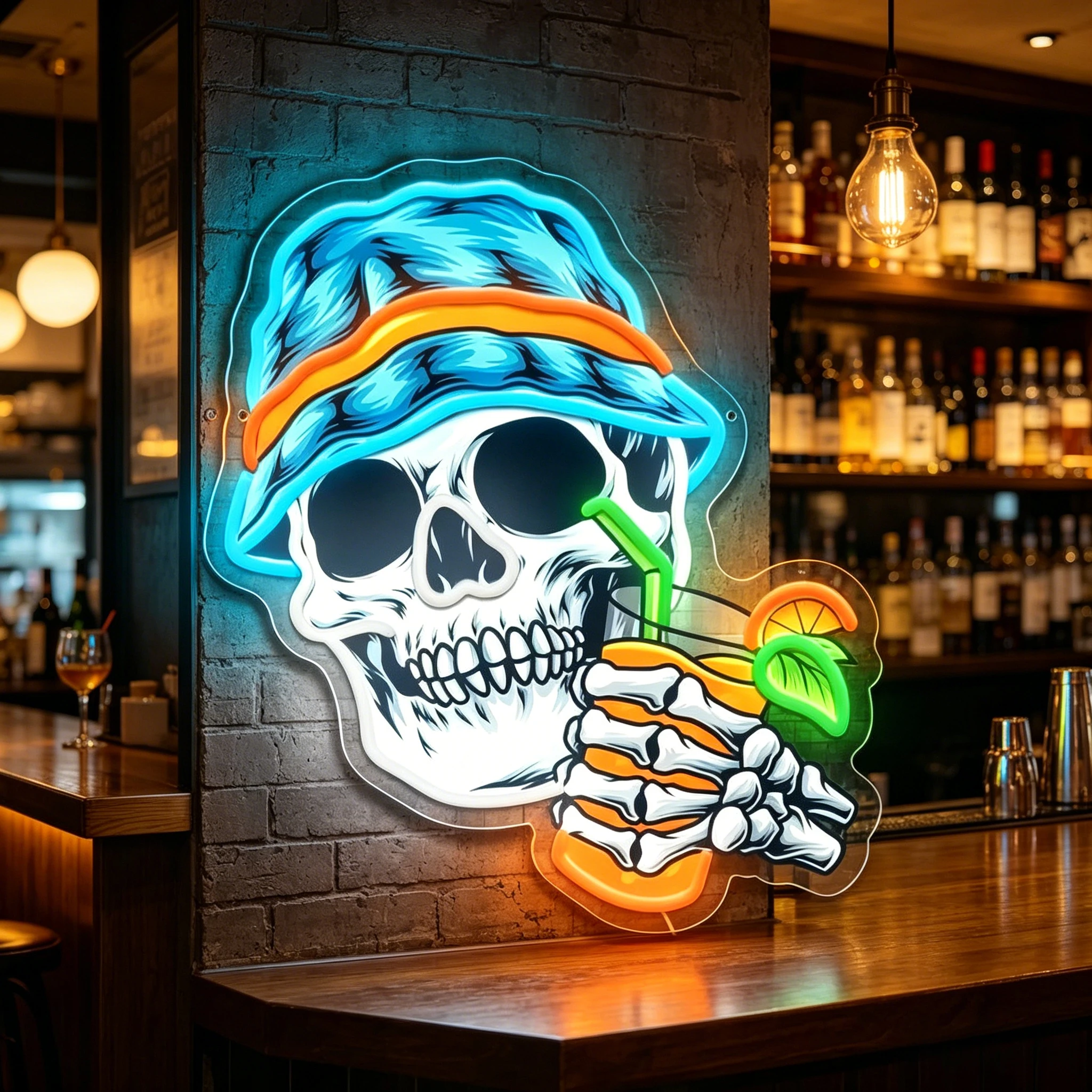 Summer Vibe Skull Neon Sign UV Printed Bucket Hat Skull With Tropical Drink LED Light  Wall Decor For Bar Bedroom Man Cave Gift