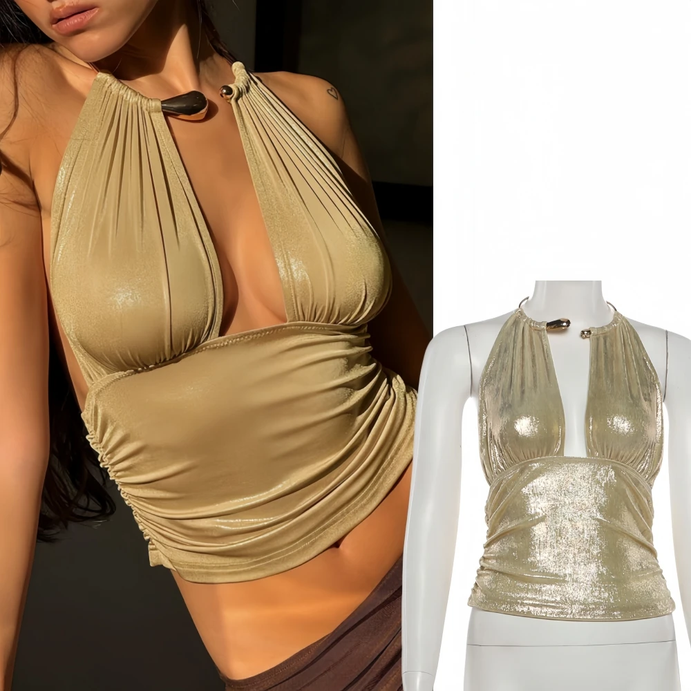 

FAGADOER Sexy Solid Color Ruched Patchwork Bodycon Tanks Woman Halter Sleeveless Backless Crop Top Female Streetwear Clothing