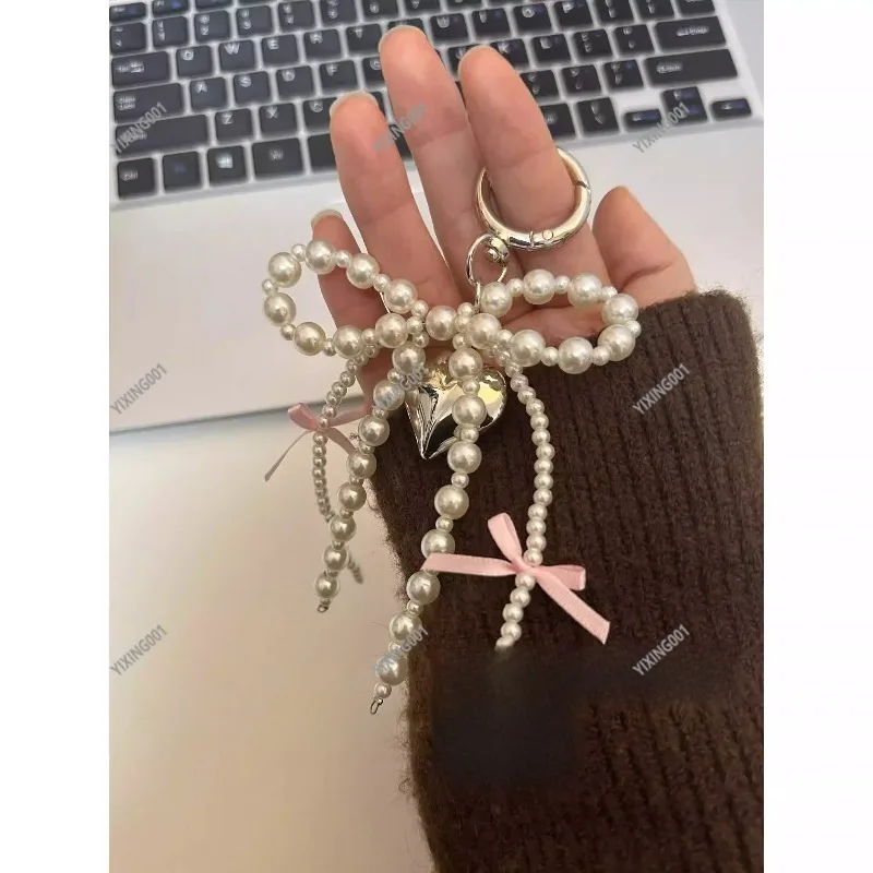 

Pearl Bow Heart Pendant - Sweet Bag Charm Keychain Mobile Phone Hanging Decoration Accessory