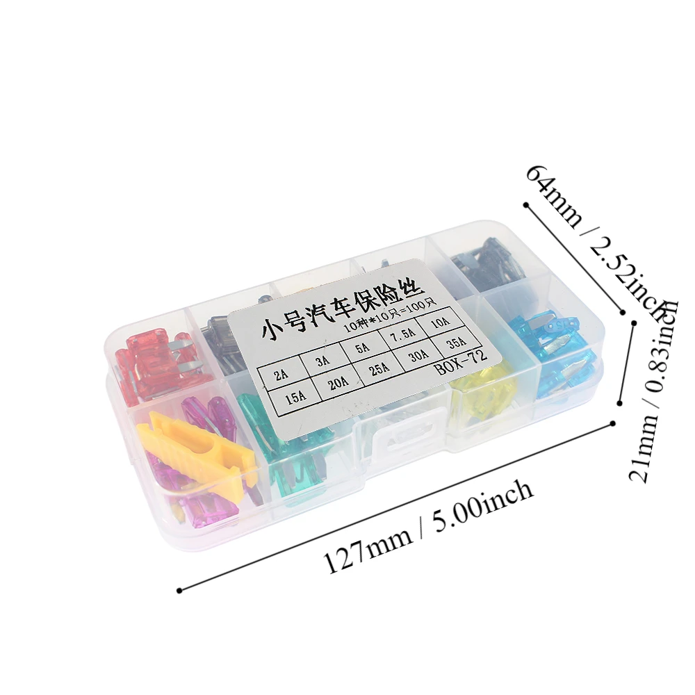 100pcs/box Car Fuse Inserts Set 2A-45A Car Fuse Inserts Mini Small Commonly Used 10 Kinds electronics