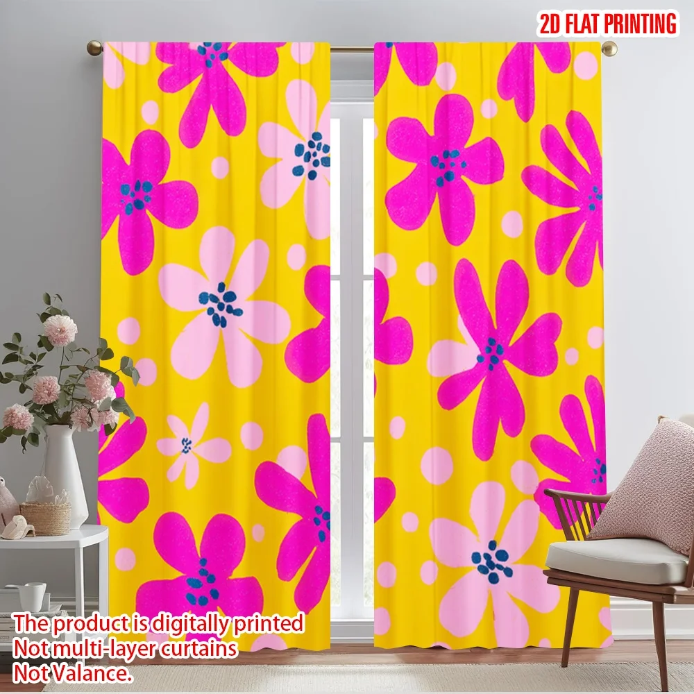 

2pcs,2D plane printing Curtains Pink Flowers on Yellow Polyester (without rod) All Seasons for Living Room & Kitchen Decor