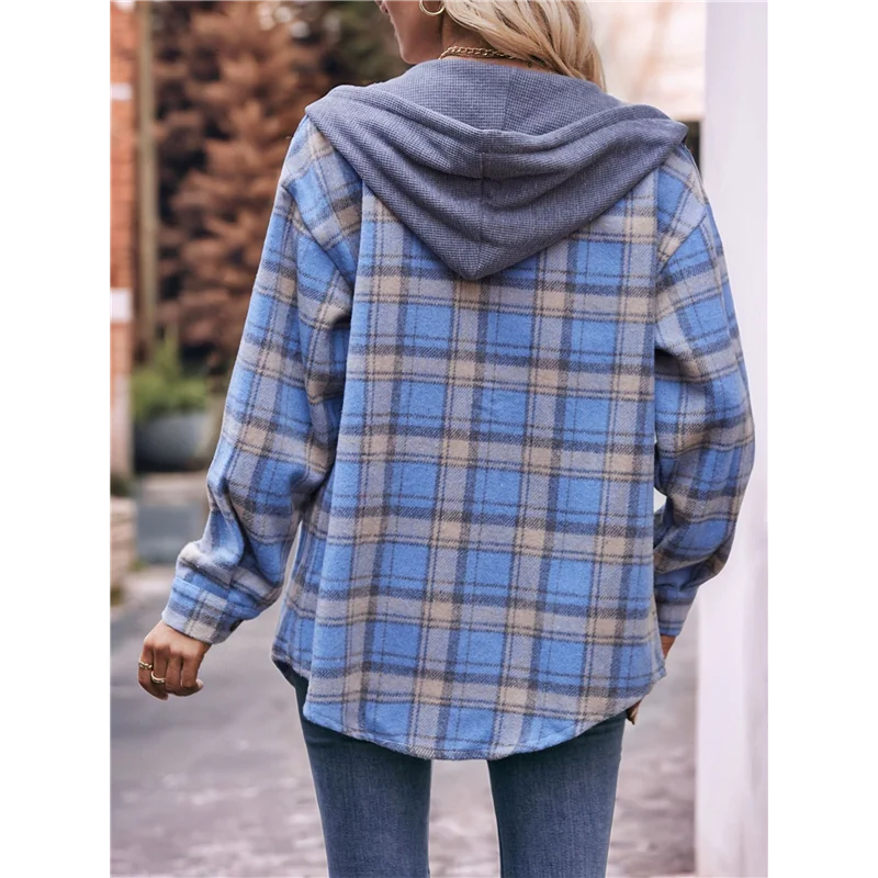 

【SEE】Women's Flannel Plaid Hoodie Long Sleeve Jacket Button Drawstring Casual Fall Shirts With Pocket