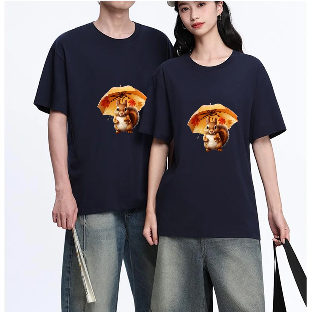 Squirrel With Umbrella And Maple Leaves Printed T Shirt Breathable Fabric S-XXL Personalized Custom Casual Short Sleeve Tee Aest