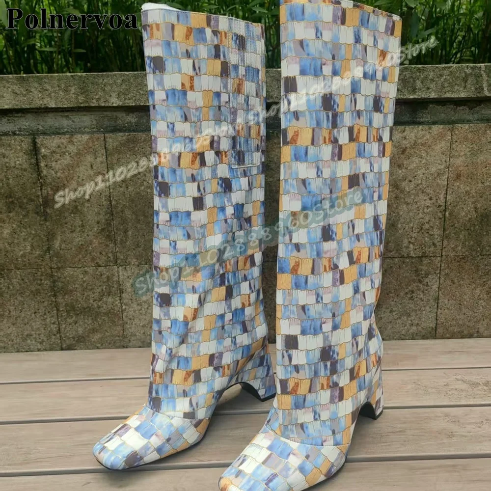 

Plus Size Knee High Mixed Crocodile Leather Boots Strange Style Heel Women Shoes Slip On Square Toe Stylish Casual Women Boots