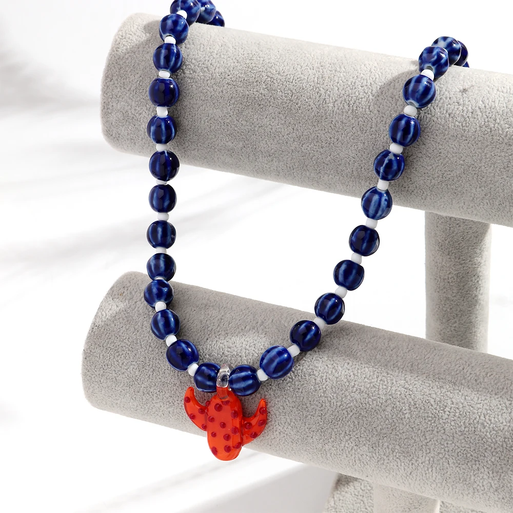 Neue Kreative Tropische Clownfisch-Kaktus-Anhänger-Halskette für Frauen Sommerliche Trendige Runde Keramikperlen-Kette Statement-Schmuck Geschenk – Detail 4