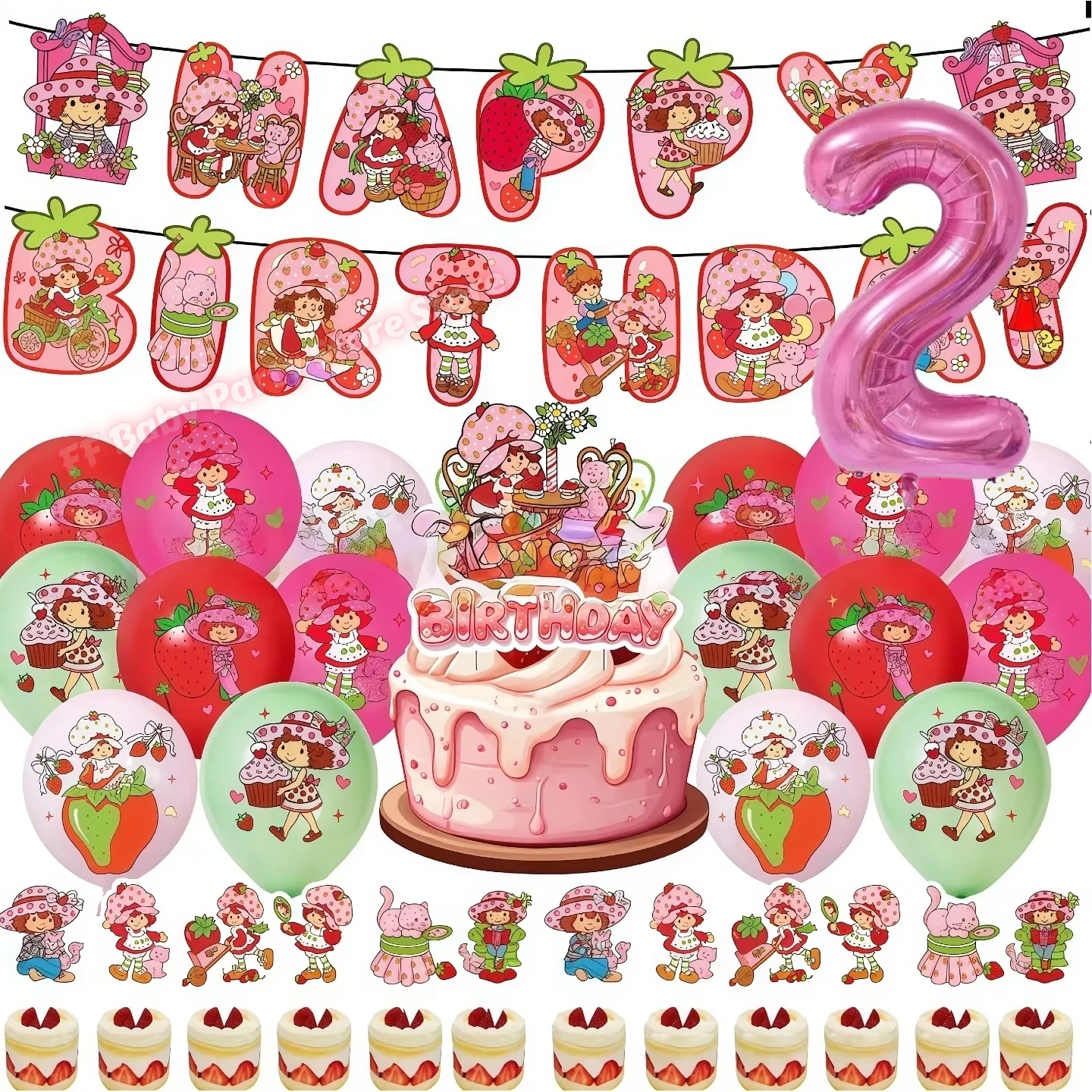 Erdbeer-Shortcake-Themenbanner, Ballon- und Kuchendekorationsset für Geburtstagsfeiern, Mädchen-Geburtstagsparty-Dekoration – Detail 19