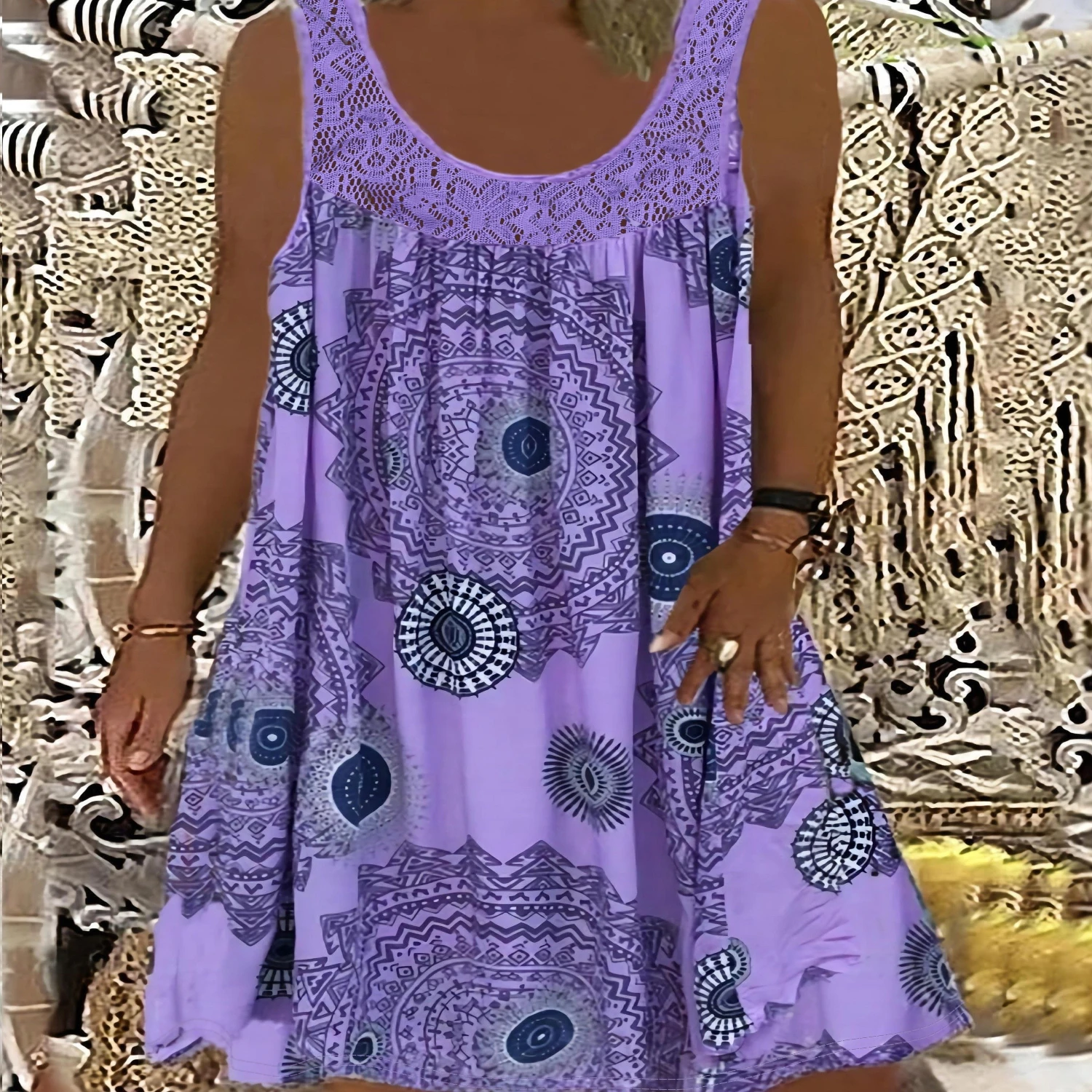 Plus Size Eyelet-Embroidered Tank Dress - Sleeveless, Geometric Print, Vacation-Ready with Contrast Lace, All-Season Comfort