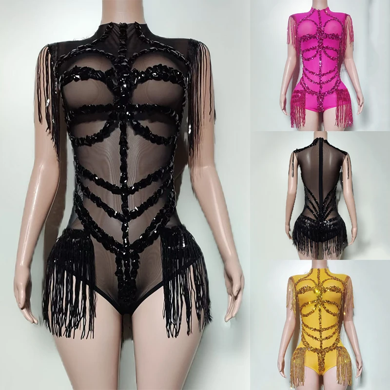 섹시한 프린지 바디 슈트 블랙 민소매 나이트 클럽 바 Dj 의류 가수 Showgirl 무대 복장 축제 파티 쇼 레이브 착용 4239