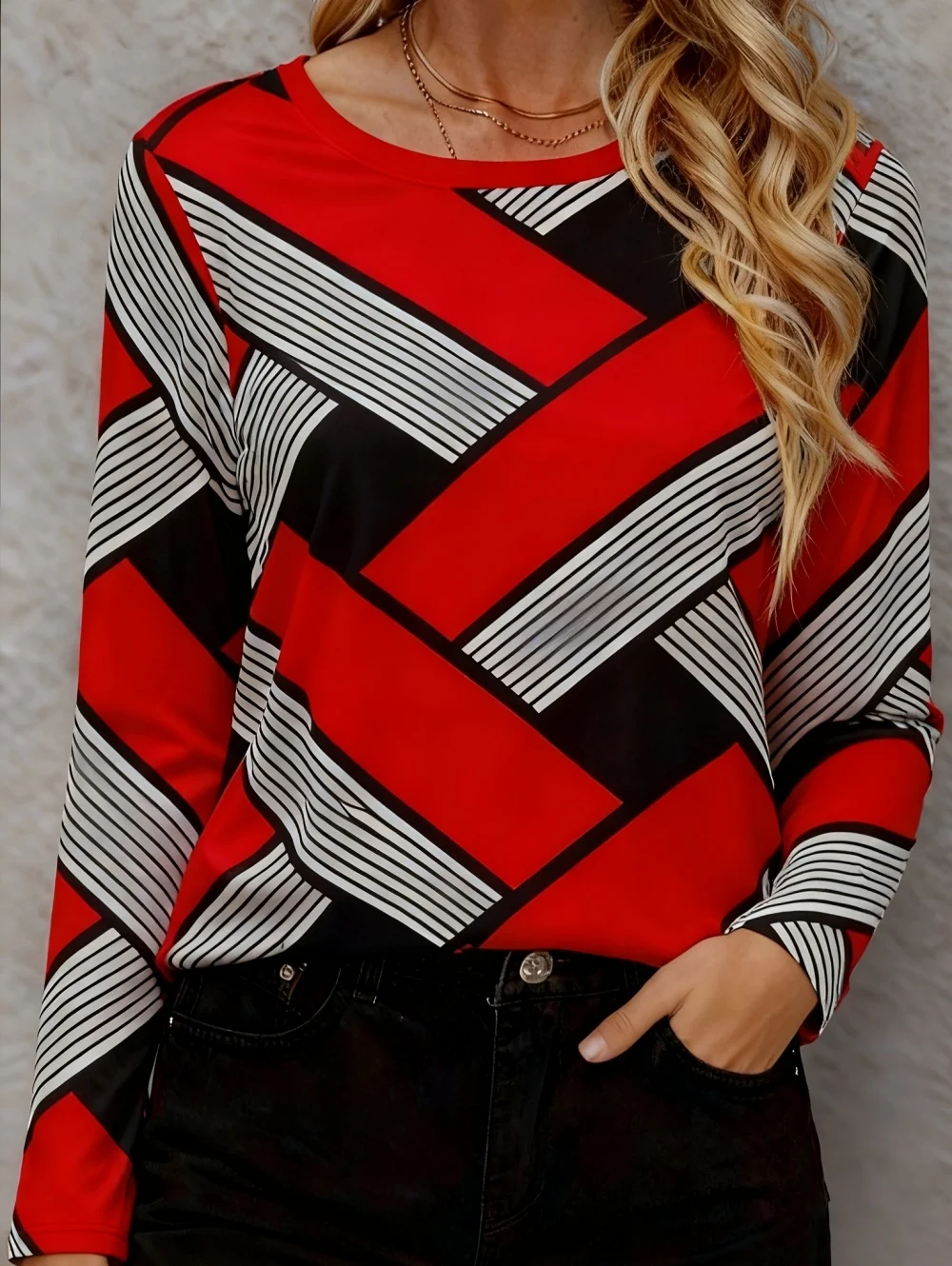 Women's 3D Printed Geometry Print T-Shirt Fashion Long-Sleeved Round Neck Tops Daily Wear T-Shirts Spring Autumn Women's Clothes