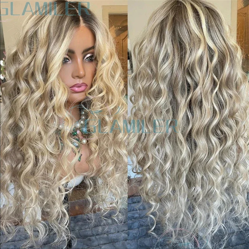 

Pre Plucked Full Lace Wigs Full 200% Density Loose Wave Highlight Dark Brown Rooted Colored #613 Human Hair 13x4 Lace Front Wigs