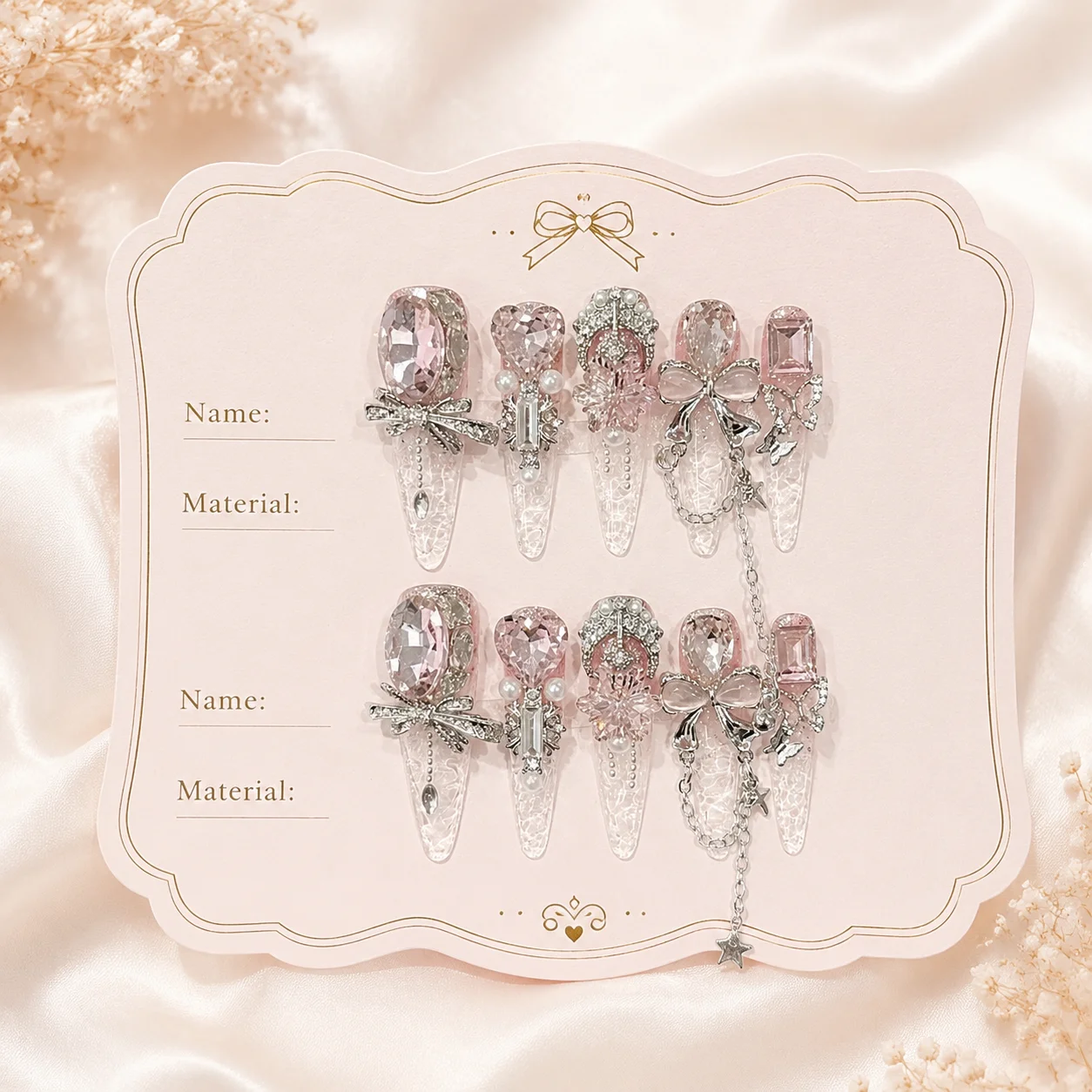 10pcs Ice-Transparent Pink Handmade Nails Heavily Embellished Sparkly Bow Press on Nail Long Point False Nail for Women&Girl