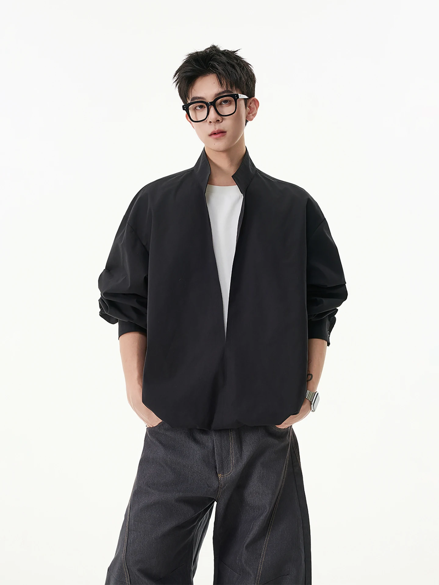 

Boyue Korean Sle Stand Collar irt Loose Fit Casual Faion Men Women Long Sve Color Blo Simple Design Top