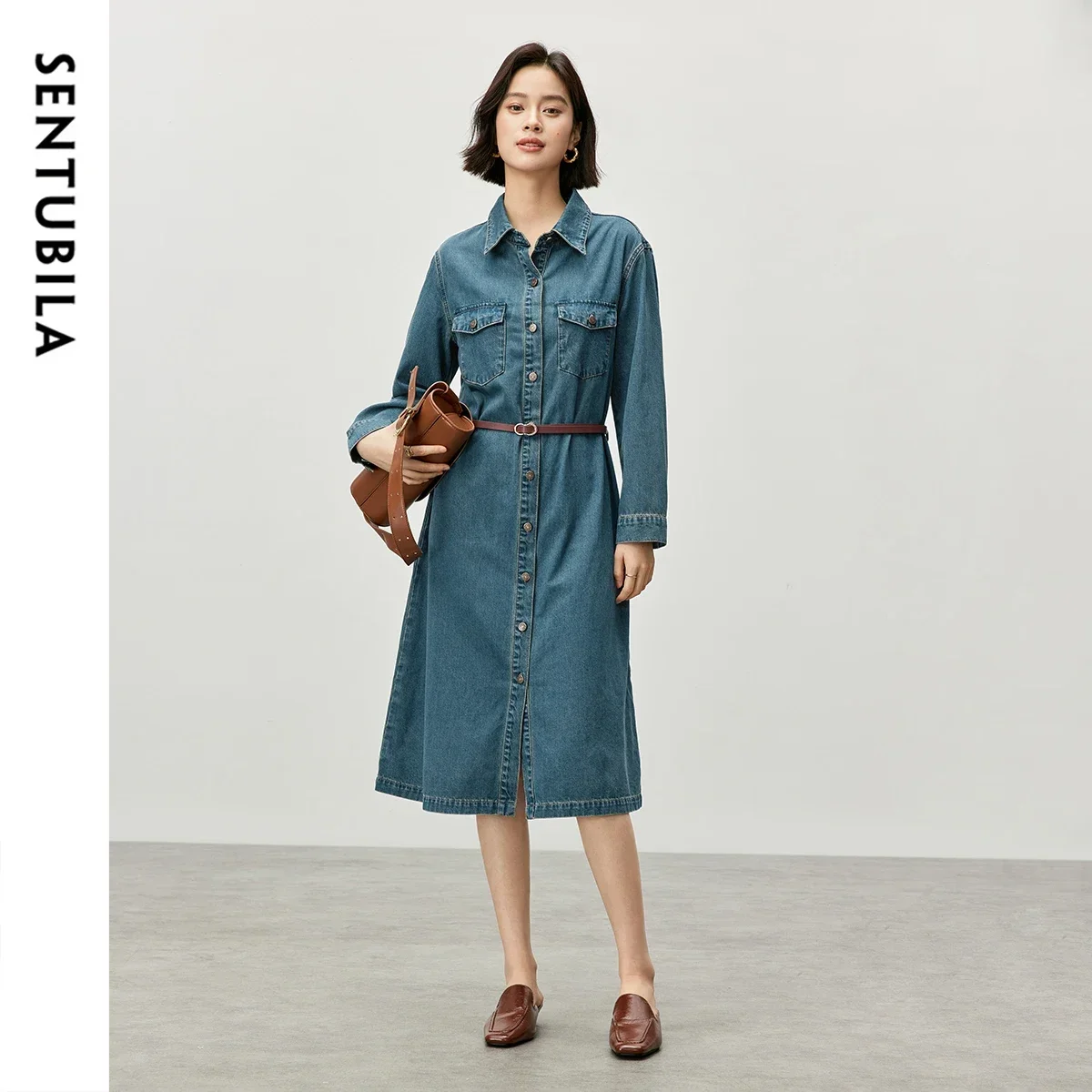 SENTUBILA femmes Vintage Denim chemise robe 2025 printemps automne simple boutonnage longue a-ligne Jean robes dames vêtements W43L57317