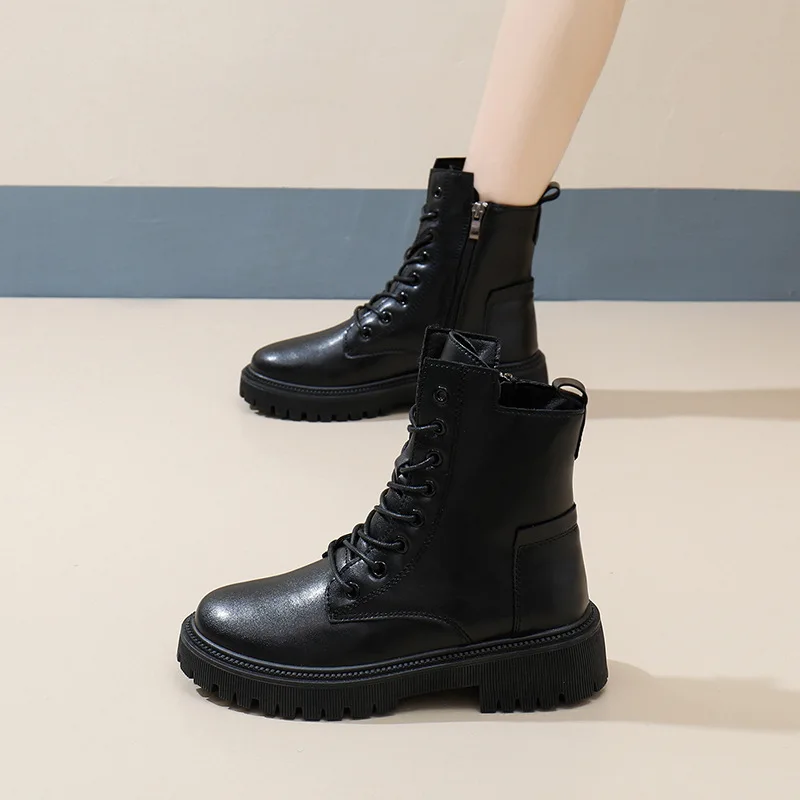 Black Ankle Boots for Women Fashion Shoes Autumn and Winter PU Leather Casual Short Boot Female Comfortable Walking Footwear