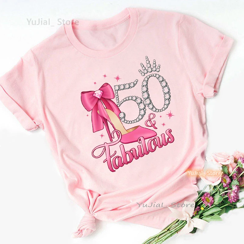 Cheer To 40/50/60 Years Graphic Print Tshirt Women\'S Clothing Red Rose High Shoe Lips T Shirt Femme Birthday Gift T-Shirt Female