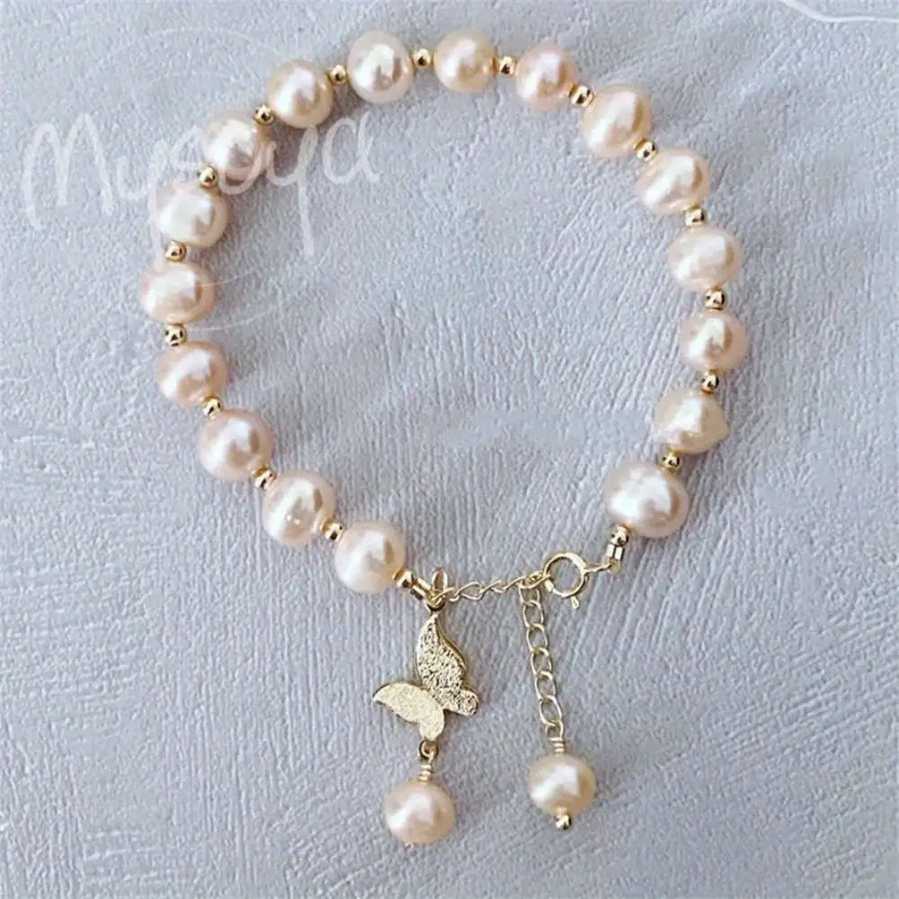 

MYSOYA Pink Freshwater Pearl Bracelet 6-7mm Pearls Gift Box Gift for Her Wedding Jewelry Christmas Birthday Anniversary Gift
